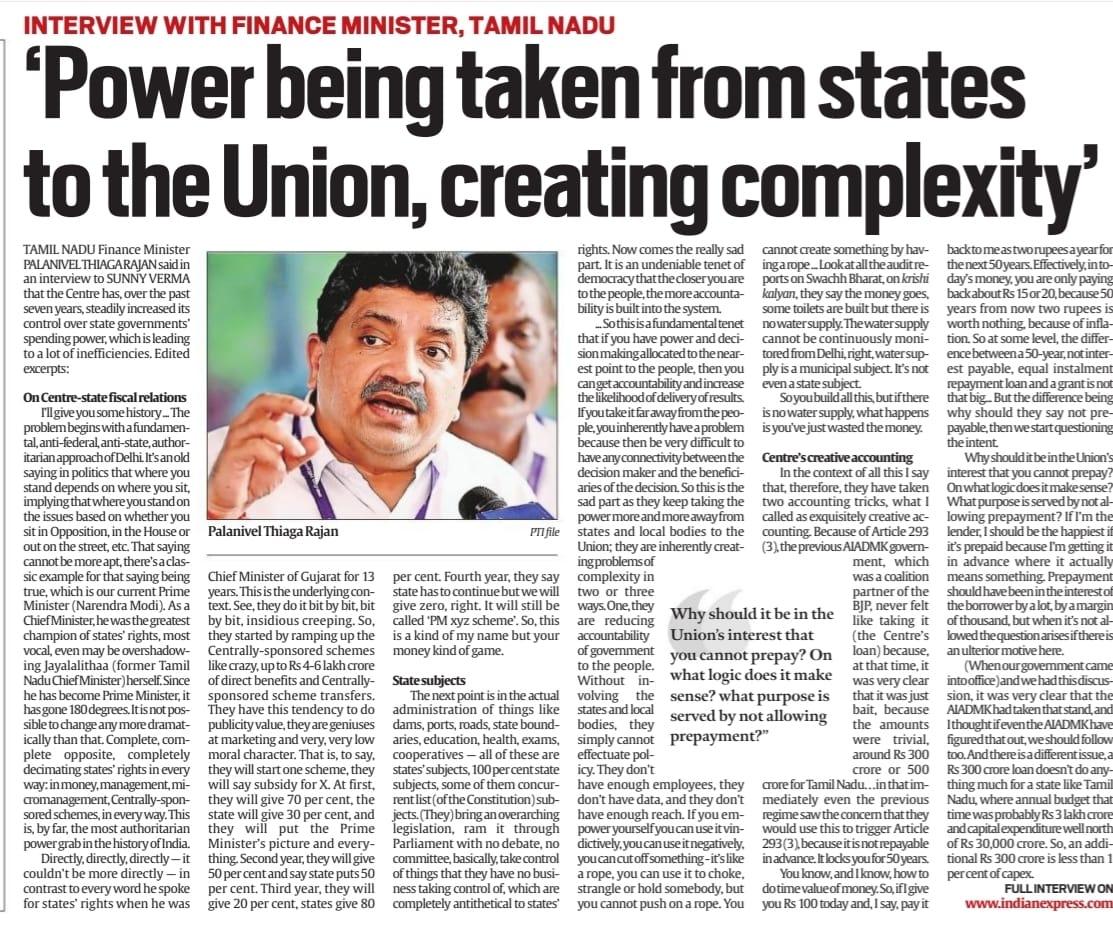 Palanivel Thiaga Rajan interview: Power being taken from states to the Union, creating complexity